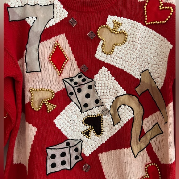Vintage Spree Casino Sweater Womens Large Red Vegas Gambling Dice Beaded Sequins - Picture 2 of 11